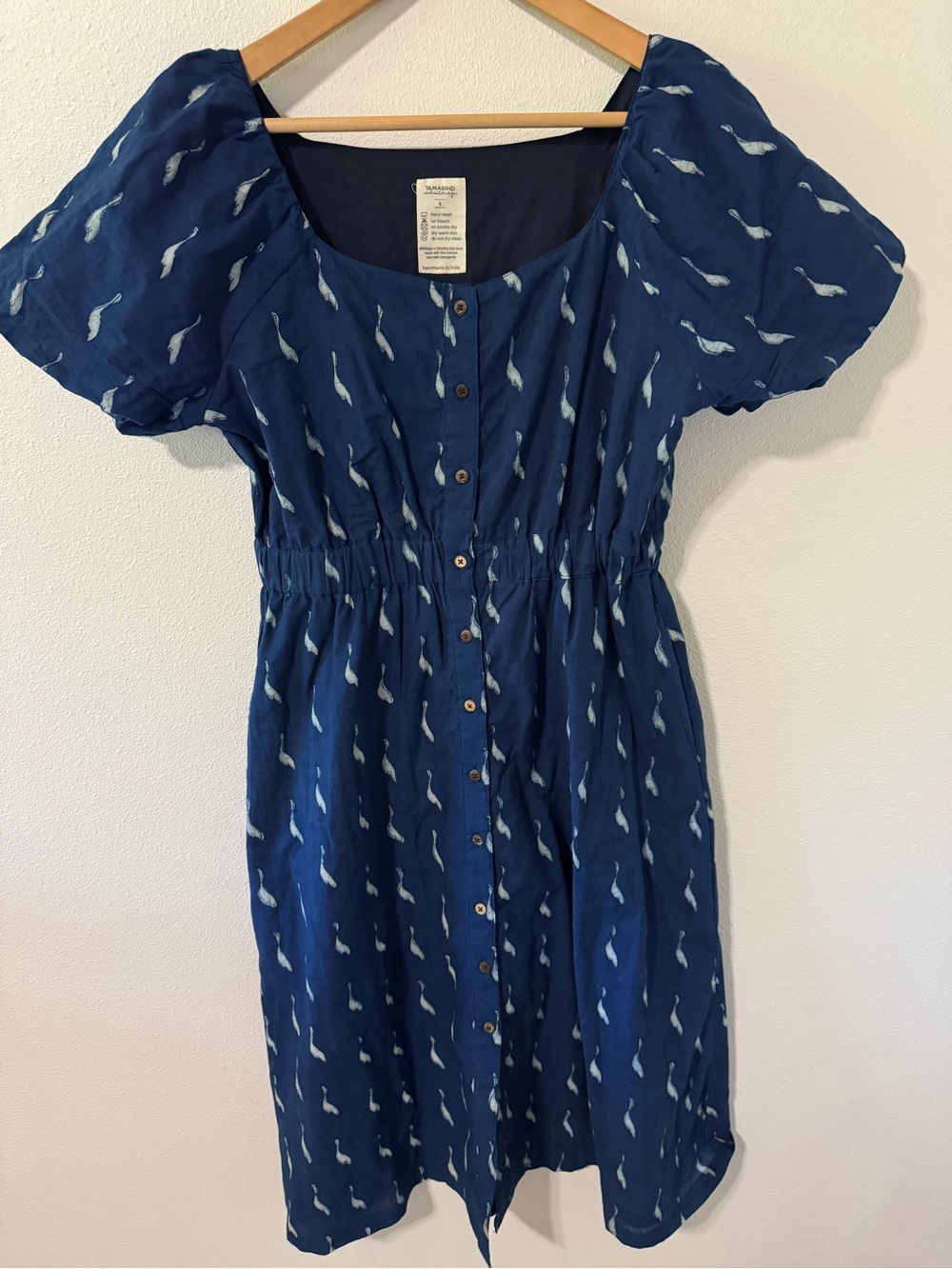 Tamarind Chutney Saaras Indigo Handblock Print Cotton Midi Dress Button Front-L